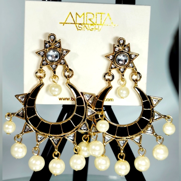 💖NEW-Amrita Singh-Dangle-Pearl-Enamel-Cabochon-Semi Circle-Drop Earrings - Picture 1 of 4
